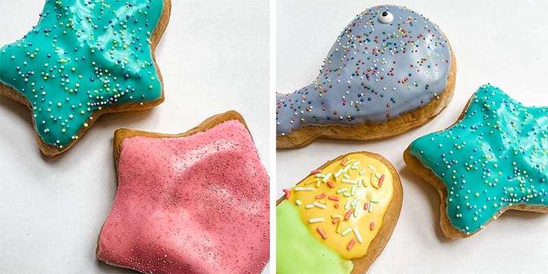 Donut-themed first birthday party display featuring star-shaped, whale-shaped, and animal-themed donuts.