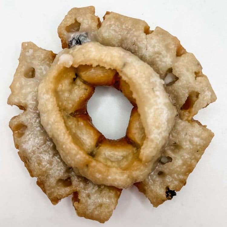 A close-up of an old-fashioned blueberry donut with a unique ridged texture, lightly glazed, and handmade by Daylight Donuts of Lowell in Northwest Arkansas. The donut has a distinct circular shape with an uneven, crispy outer layer and visible small blueberry pieces baked into the dough.